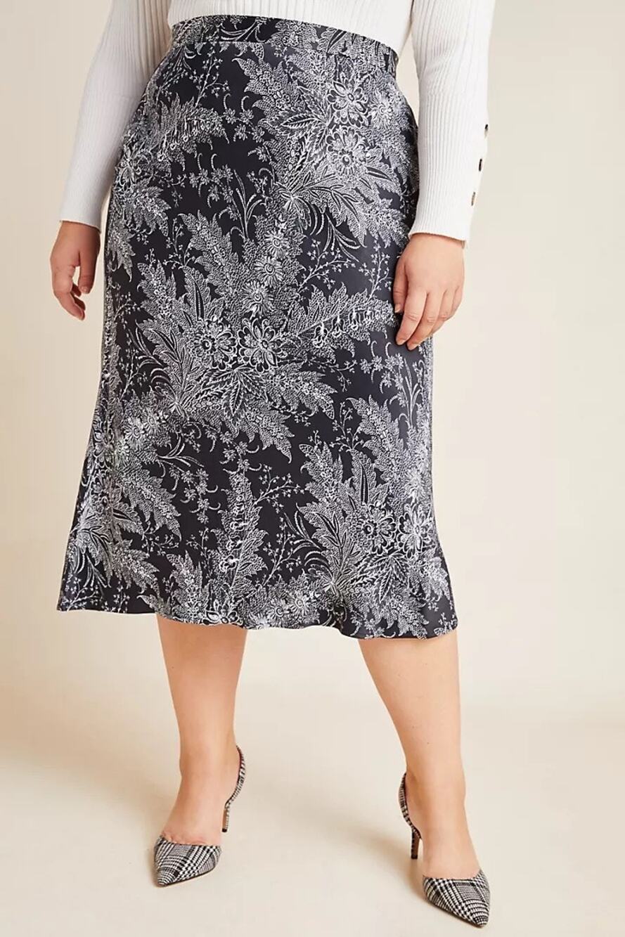 Anthropologie Size 16W Black Floral Print Bias Cut Satin Midi Slip Skirt NWT